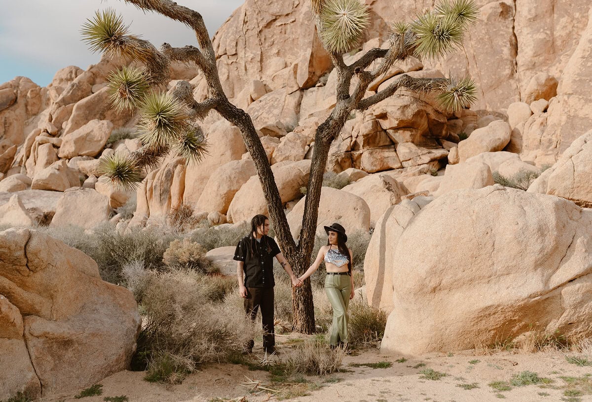 A couple stands beneath a twisted Joshua tree, holding hands with massive rock formations behind them.